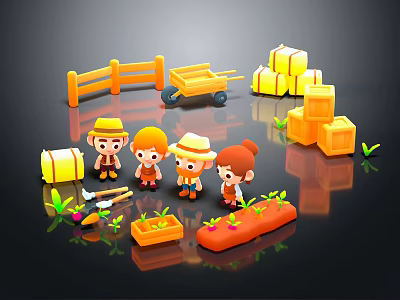 Cute Cartoon Farming Scene with Little Farmers Wheelbarrow Wooden Crates Fence and Vegetable Beds 3d model
