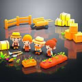 Cute Cartoon Farming Scene with Little Farmers Wheelbarrow Wooden Crates Fence and Vegetable Beds