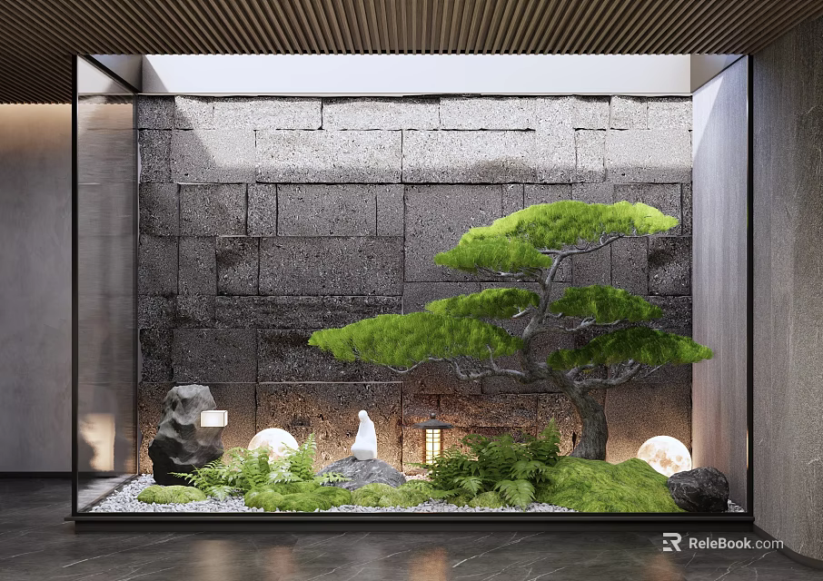 Indoor Landscape Design With Stone Wall Bonsai Pine Moss Stones And Lantern Lights 3d model 
