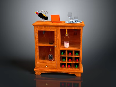 Wooden Wine Cabinet With Wine Bottles Glasses And Decorative Storage Compartments 3d model