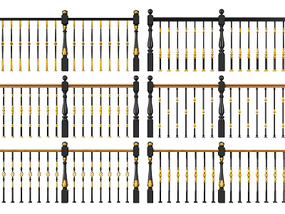 Classical Ornate Black Fence Design Featuring Golden Accents And Decorative Balusters 3d model