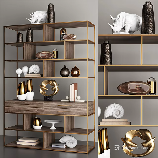 Modern Display Shelf With Wooden And Metal Frame Holding Decorative Vases Sculptures And Shells 3d model 