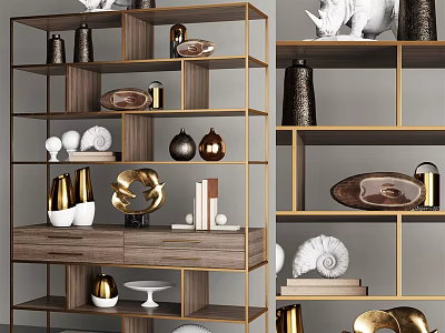 Modern Display Shelf With Wooden And Metal Frame Holding Decorative Vases Sculptures And Shells 3d model
