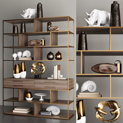 Modern Display Shelf With Wooden And Metal Frame Holding Decorative Vases Sculptures And Shells 3d model