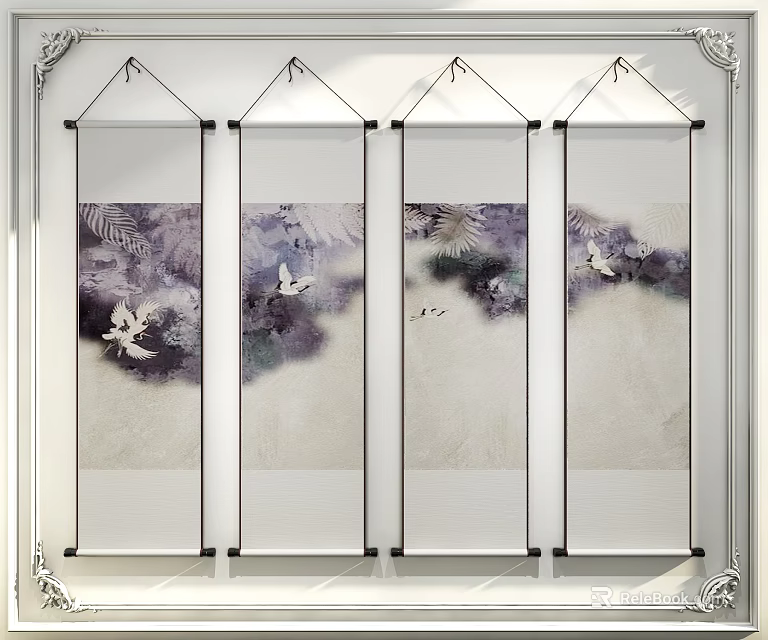 Abstract Paintings Four Panel Set with Crane Motifs and Purple Ink Wash 3d model 