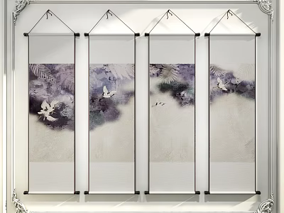 Abstract Paintings Four Panel Set with Crane Motifs and Purple Ink Wash 3d model