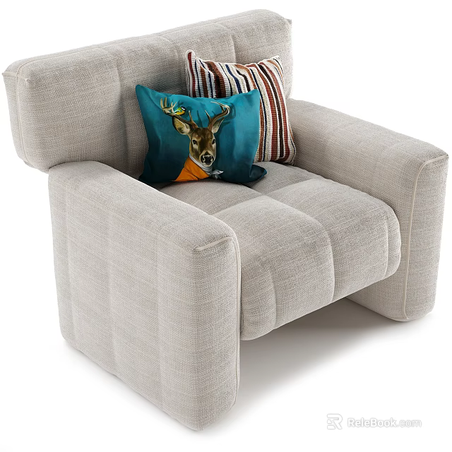Light Gray Single Sofa With Blue Deer Pattern And Striped Pillows Modern Design 3d model