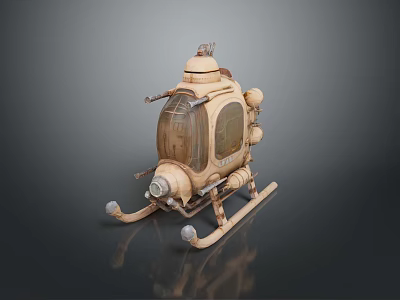 Vintage Steampunk Flying Machine With Transparent Cockpit Mechanical Propellers Wooden Frame And Sled Like Base 3d model