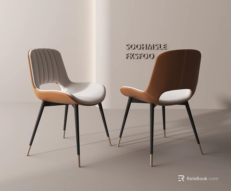 Modern Dining Chairs with Brown and White Leather Upholstery and Black Metal Legs 3d model 