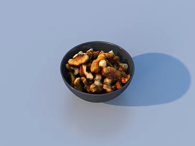 Roasted Walnuts In Black Bowl On Light Blue Surface Healthy Toasted Snack Food 3d model