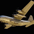 Silver Military Transport Aircraft With Four Propeller Engines Flying In Dark Sky
