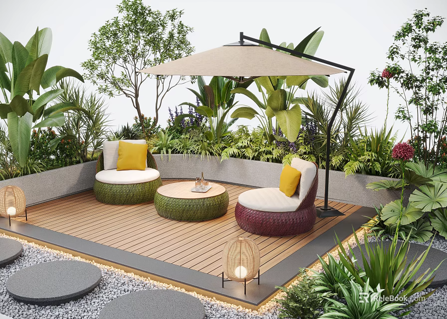 Courtyard Garden With Wooden Deck Round Seats Yellow Cushions Umbrella Green Plants And Decorative Lanterns 3d model 