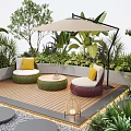 Courtyard Garden With Wooden Deck Round Seats Yellow Cushions Umbrella Green Plants And Decorative Lanterns