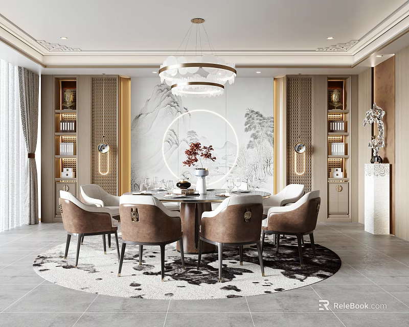 Elegant Chinese Restaurant Interior With Round Dining Table And Landscape Wall Decor 3d model