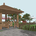 Garden Landscape With Wooden Pavilion Red Bridge Stone Path Wooden Fence And Orange Trees
