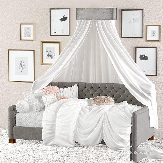 Kids Bed With White Canopy Gray Frame Pink Gray Pillows And Framed Wall 3d model 