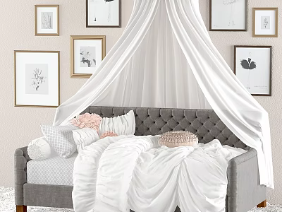 Kids Bed With White Canopy Gray Frame Pink Gray Pillows And Framed Wall 3d model