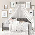 Kids Bed With White Canopy Gray Frame Pink Gray Pillows And Framed Wall