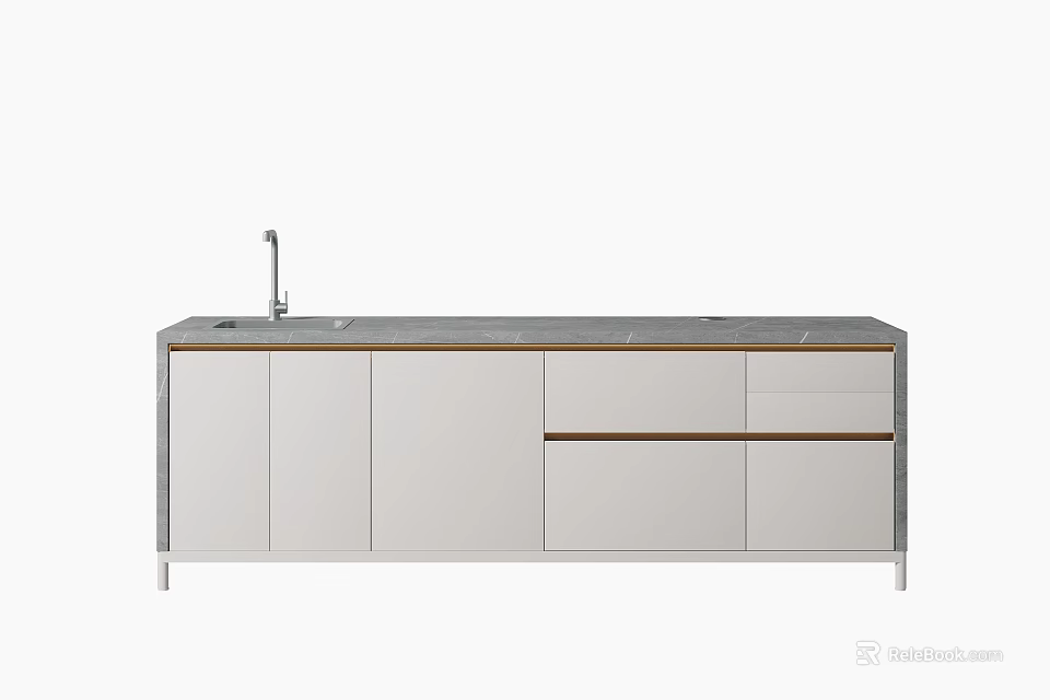Modern Kitchen Cabinet With White Gray Doors Drawer And Faucet On Countertop 3d model 