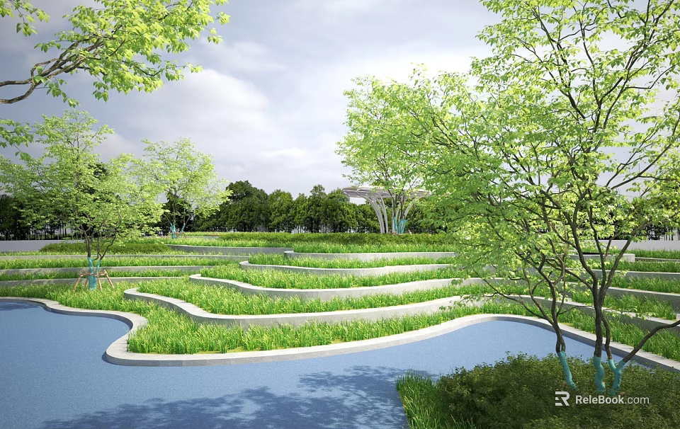 Park Landscape With Terraced Lawns Curved Water Features And Lush Green Trees 3d model 