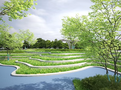 Park Landscape With Terraced Lawns Curved Water Features And Lush Green Trees 3d model