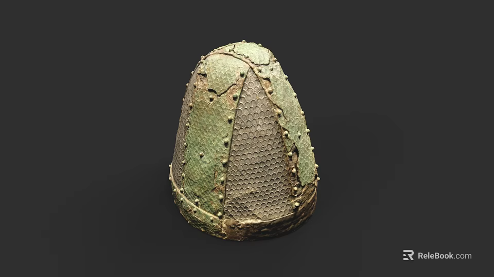 Helmet Shaped Bronze Sculpture With Intricate Grid Pattern And Decorative Rivet Details 3d model 