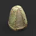 Helmet Shaped Bronze Sculpture With Intricate Grid Pattern And Decorative Rivet Details
