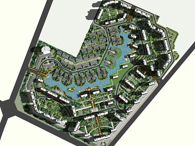 Residential Community Master Plan Layout Featuring Water Bodies Buildings Green Spaces And Roads 3d model