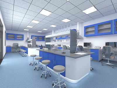 Modern Laboratory Interior With Blue Cabinets White Countertops Lab Benches Stools And Bright Equipment 3d model