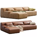 Sectional Sofas In Light Brown Fabric And Dark Brown Leather With Cushions And Blanket