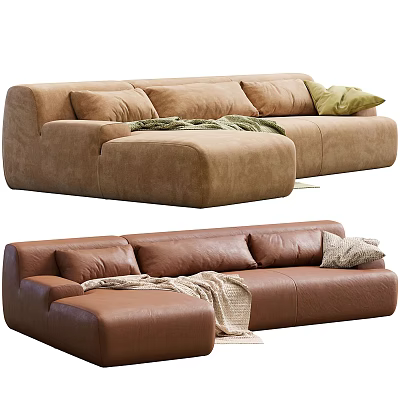Sectional Sofas In Light Brown Fabric And Dark Brown Leather With Cushions And Blanket 3d model