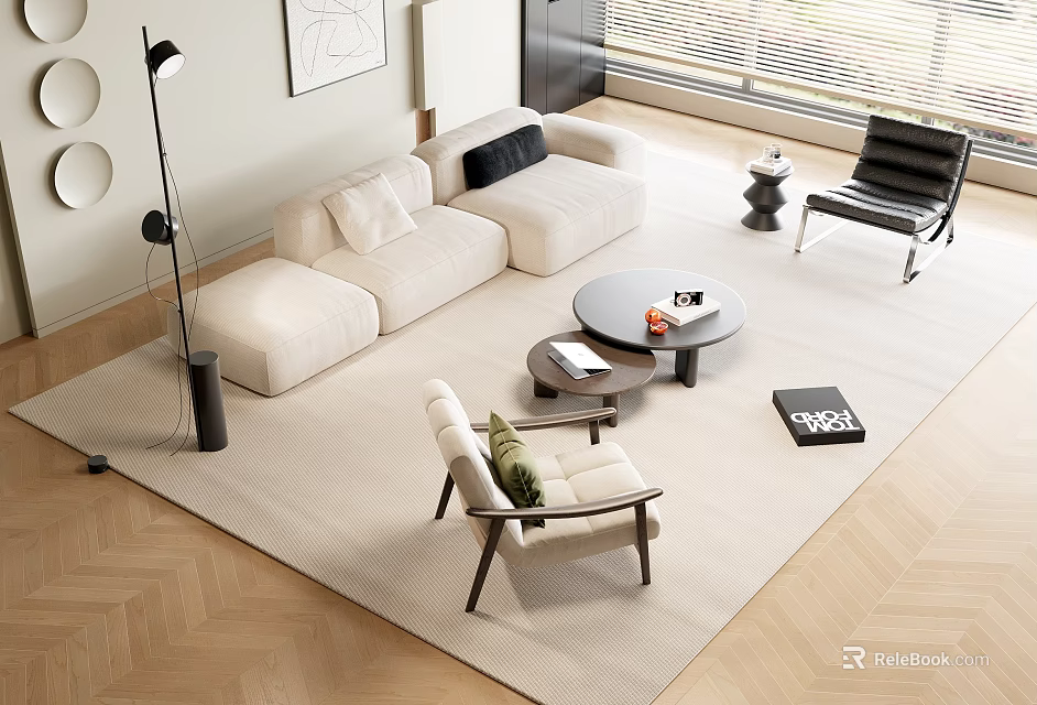 Modern Cream L-shaped Sofa And Round Coffee Table Set With Armchairs Cushions On Wooden Floor 3d model 