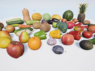 Colorful Assorted Fresh Fruits Display With Apples Oranges Pears And Pineapple On White Background 3d model