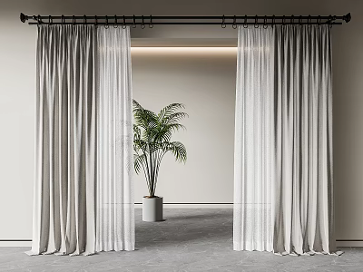 Modern Light Gray Thick Curtains with Sheer White Layer Black Rod and Potted Plant 3d model