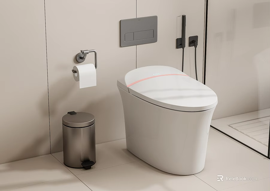 Modern Smart Toilet with White Ceramic Sleek Design Bathroom Trash Can and Toilet Paper Holder 3d model 