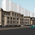 European Style Commercial Street With High Rise Buildings Low Rise Structures And Cars
