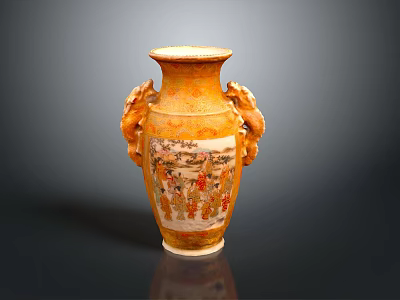 Traditional Carved Vase Featuring Sculpted Dragon Handles And Painted Figure Landscape Designs 3d model