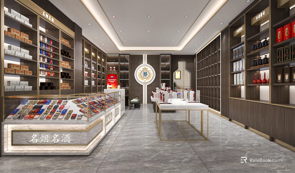 Modern Tobacco and Liquor Store Interior With Shelves Displaying Famous Wines And Premium Cigarettes 3d model 