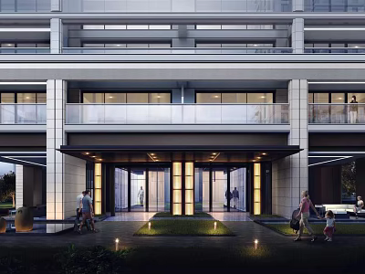 Modern Main Entrance Gate Featuring Glass Doors Outdoor Lighting and Landscaped Lawn with People Walking 3d model