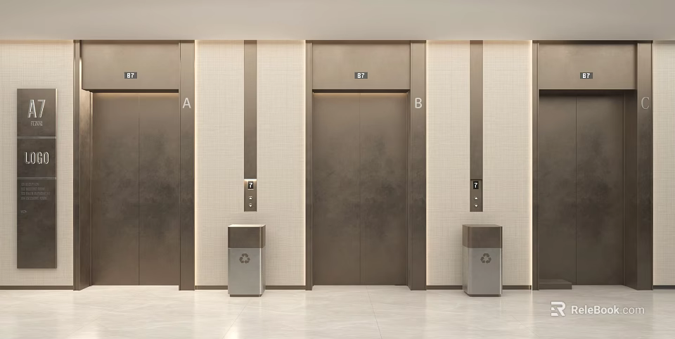 Modern Public Facility Elevators With Metal Doors And Trash Bins In Lobby 3d model