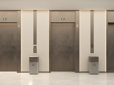 Modern Public Facility Elevators With Metal Doors And Trash Bins In Lobby 3d model