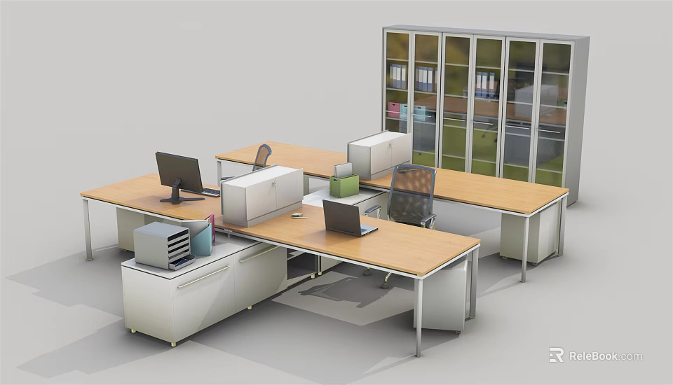 Modern Office Workspace With Desks Computers Chairs File Cabinets And Bookcase 3d model