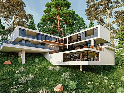 Modern Detached Villa With Large Glass Windows And Lush Green Surroundings 3d model