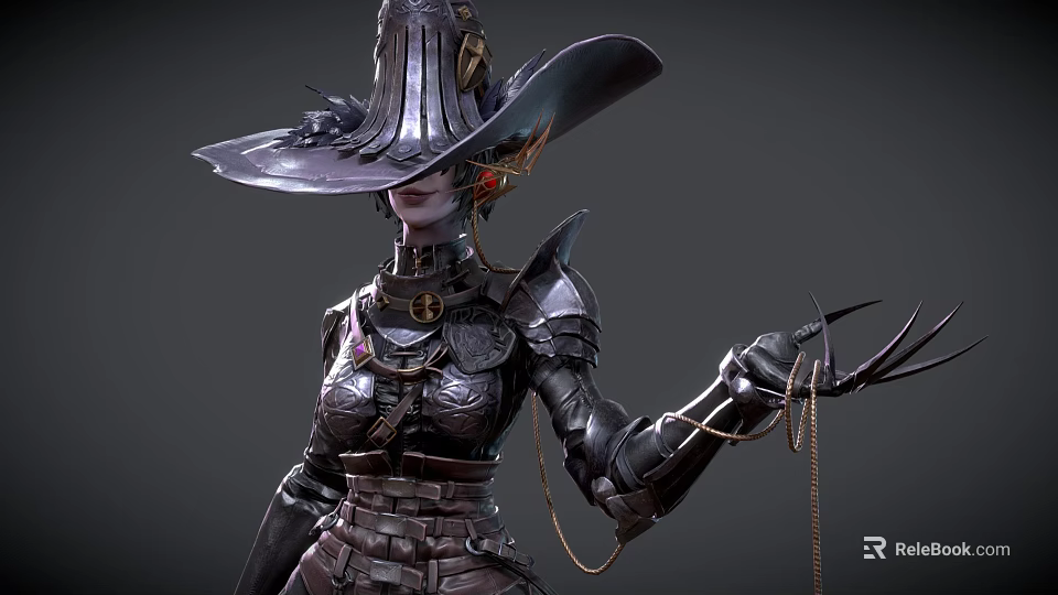 Dark Fantasy Game And Movie Character With Metallic Hat Armored Outfit And Claw Weapon 3d model 