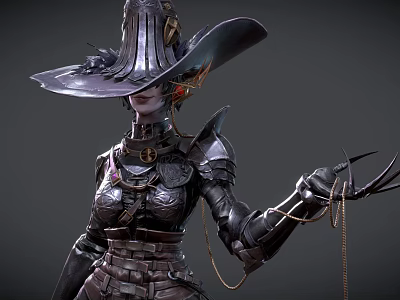 Dark Fantasy Game And Movie Character With Metallic Hat Armored Outfit And Claw Weapon 3d model