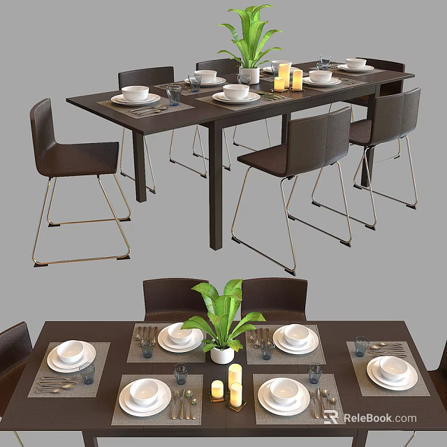 Modern Dining Table Set with Chairs Plates Plant and Candles Decor 3d model