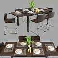 Modern Dining Table Set with Chairs Plates Plant and Candles Decor 3d model