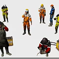 Workers in Various Colored Safety Uniforms Wearing Hard Hats and Tools