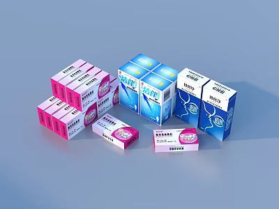 Assorted Daily Living Products In Pink And Blue Packaging Boxes 3d model