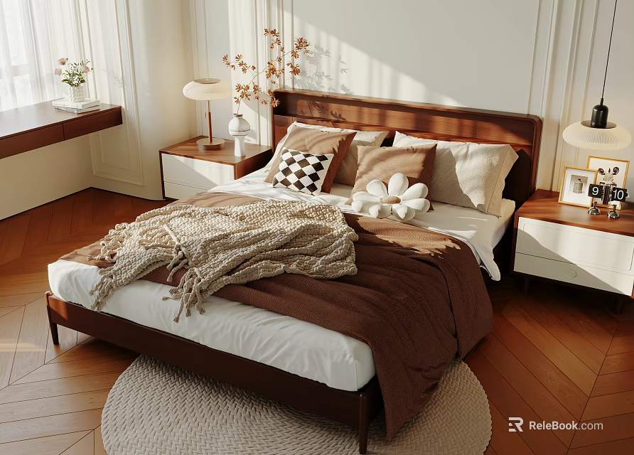 Cozy Double Bed With Wooden Floor Bedside Tables Table Lamps Decorative Pillows And Knit Blanket 3d model 